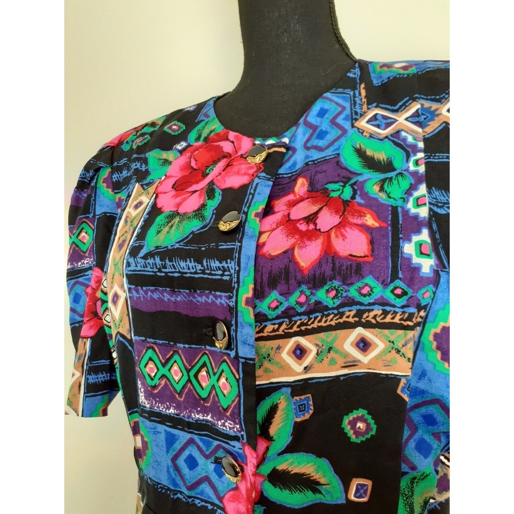 Vtg 80's Special Effects Midi Dress MP Black Floral Aztec Vibrant Smocked Rayon - Picture 6 of 13